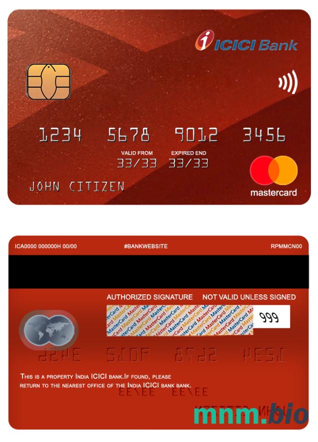 India ICICI bank przykład karty mastercard w formacie PSD